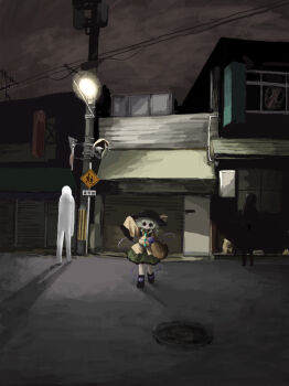 1girl arm_up black_eyes black_hat black_shoes commentary_request contrast_collar full_body green_hair green_skirt hair_between_eyes hat hat_ribbon heripantomorrow highres komeiji_koishi long_sleeves night outdoors ribbon scenery shirt shoes skirt third_eye touhou wide_sleeves yellow_ribbon yellow_shirt