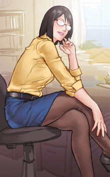 1girl belt blue_skirt breasts brown_pantyhose chair commentary_request day denim denim_skirt feet_out_of_frame glasses highres indoors lipstick looking_at_viewer makeup medium_hair pantyhose shirt sketch_background skirt small_breasts smile solo swivel_chair take_(draghignazzo) teacher yellow_shirt