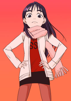 1girl arms_at_sides child closed_mouth flcl highres looking_down ninamori_eri purple_hair scarf solo