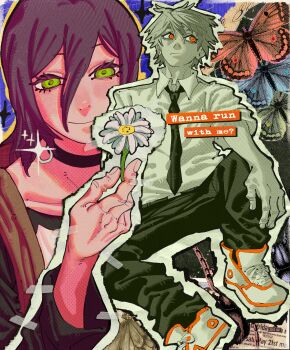 1boy 1girl absurdres backpack bag black_choker black_necktie black_pants black_sleeves blonde_hair bug butterfly chainsaw_man choker closed_mouth collared_shirt denji_(chainsaw_man) english_text flower full_body gerbera green_eyes grenade_pin hair_between_eyes highres holding holding_flower insect m3ll0_cm medium_hair necktie pants print_shirt purple_hair red_eyes reze_(chainsaw_man) shirt shoes short_hair sitting sleeves_rolled_up smile sneakers upper_body white_shirt white_shoes