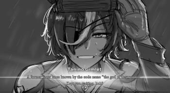 1girl commentary english_commentary english_text eyepatch greyscale hair_between_eyes hair_over_one_eye highres horse_girl johnholl0w long_sleeves looking_at_viewer metal_gear_(series) monochrome multicolored_hair open_mouth rain shirt short_hair smile streaked_hair tanino_gimlet_(embodiment_of_keravnos)_(umamusume) tanino_gimlet_(umamusume) umamusume upper_body wet