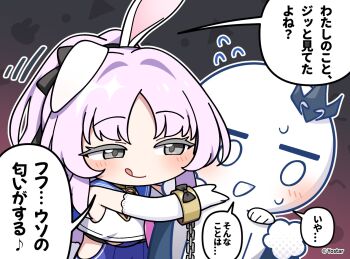 1girl 1other :q averting_eyes black_background blue_one-piece_swimsuit blue_sailor_collar blush breasts cape chibi chibi_only chibi_tyrant_(stella_sora) commentary_request copyright_notice cuffs elbow_gloves flying_sweatdrops fur-trimmed_cape fur_trim gloves gradient_hair grey_eyes hair_intakes half-closed_eyes hand_on_another&#039;s_chin hand_on_another&#039;s_shoulder highres large_breasts long_hair motion_lines multicolored_hair nervous_sweating official_art one-piece_swimsuit other_with_female parted_bangs playboy_bunny_swimsuit ponytail purple_hair red_background sailor_collar sailor_shirt shackles shia_(stella_sora) shirt single_ear_down sleeveless sleeveless_shirt smile stella_sora sweat swimsuit swimsuit_under_clothes tongue tongue_out translation_request tyrant_(stella_sora) very_long_hair white_gloves white_shirt