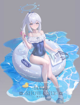 1girl absurdres arm_up bag bare_arms bare_shoulders blue_archive blue_halo blue_one-piece_swimsuit breasts cellphone collarbone commentary covered_navel frilled_one-piece_swimsuit frills full_body hair_between_eyes hair_intakes halo hand_up handbag happy highres holding holding_phone impossible_clothes kosaka_kaslana long_hair looking_at_viewer medium_breasts miyako_(blue_archive) miyako_(swimsuit)_(blue_archive) off-shoulder_one-piece_swimsuit off_shoulder official_alternate_costume official_alternate_hairstyle one-piece_swimsuit outdoors phone platform_sandals ponytail purple_eyes rubber_duck sandals sidelocks sitting smartphone smile solo swim_ring swimsuit thighs water white_hair