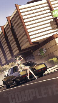 1girl absurdres arnold-s bank blue_eyes bracelet breasts breasts_apart car chinese_commentary commentary_request day dress english_text eyewear_on_head grand_theft_auto grand_theft_auto_v green_hair grin highres jewelry motor_vehicle on_car online_character_(gta_v) outdoors print_dress shoes short_hair sitting smile solo sunglasses white_shoes