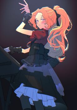 1girl adagio_dazzle adagio_dazzle_(human) amazingpuffhair arm_up asymmetrical_gloves back_bow bang_dream! black_background black_boots black_bow black_pantyhose blonde_hair blue_gloves blush boots bow breasts chromatic_aberration commentary cosplay eyes_visible_through_hair feet_out_of_frame film_grain frilled_gloves frilled_skirt frills from_below gloves hair_bow high_ponytail highres instrument knee_boots layered_skirt long_hair looking_at_viewer medium_skirt mismatched_gloves multicolored_hair music my_little_pony my_little_pony:_equestria_girls my_little_pony:_friendship_is_magic oblivionis_(bang_dream!) orange_hair pantyhose parted_lips pink_eyes pink_gloves pink_skirt playing_instrument playing_piano polka_dot_gloves ponytail puffy_short_sleeves puffy_sleeves red_shirt shirt short_sleeves sidelocks simple_background skirt slit_pupils small_breasts solo standing streaked_hair togawa_sakiko togawa_sakiko_(cosplay) two-tone_hair vignetting wavy_hair