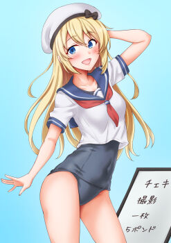 1girl anti_(untea9) blonde_hair blue_background blue_eyes blue_one-piece_swimsuit blush breasts commentary_request cosplay cowboy_shot hair_ornament hat highres i-168_(kancolle) i-168_(kancolle)_(cosplay) jervis_(kancolle) kantai_collection long_hair looking_at_viewer neckerchief one-piece_swimsuit open_mouth sailor_collar sailor_hat school_swimsuit school_uniform serafuku small_breasts smile solo swimsuit swimsuit_under_clothes