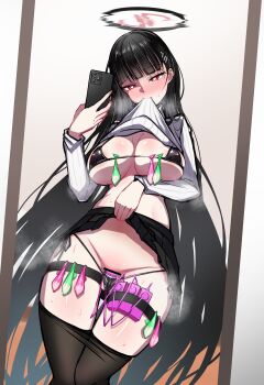 1girl absurdres ahiru_taii areola_slip bar_censor bikini biting biting_clothes black_bikini black_hair black_pantyhose black_skirt blue_archive blunt_bangs blush breasts cellphone censored clothes_lift clothes_pull commentary_request commission condom dildo hair_ornament hairclip heart heart-shaped_pupils highres holding holding_phone large_breasts long_hair micro_bikini mirror_selfie object_insertion pantyhose pantyhose_pull phone pixiv_commission red_eyes ribbed_sweater rio_(blue_archive) selfie sex_toy skirt skirt_lift smartphone solo sweat sweater sweater_lift swimsuit symbol-shaped_pupils turtleneck turtleneck_sweater used_condom vaginal vaginal_object_insertion variant_set very_long_hair vibrator white_sweater