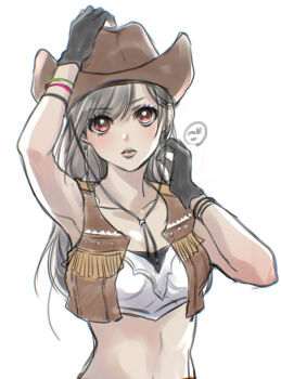 1girl arm_up armpits bare_shoulders black_hair blush bracelet breasts brown_gloves brown_hat brown_vest closed_mouth collarbone commentary cowboy_hat crop_top final_fantasy final_fantasy_vii final_fantasy_vii_rebirth final_fantasy_vii_remake gloves gogochi55 hand_on_headwear hat highres jewelry lipgloss lips long_hair looking_at_viewer medium_breasts midriff official_alternate_costume open_clothes open_vest parted_lips pink_lips red_eyes signature simple_background solo swept_bangs tifa_lockhart tifa_lockhart_(cowgirl) upper_body vest watermark white_background