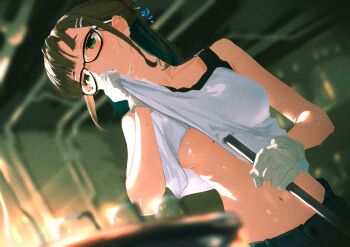 1girl blurry blurry_background breasts clothes_lift cohi27151463 glasses green_eyes lifting_own_clothes navel original shirt_lift sweat underboob