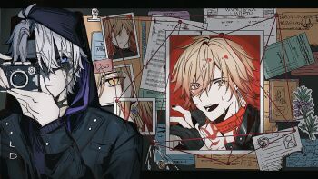 2boys antenna_hair black_choker black_jacket blue_eyes camera choker commentary english_commentary flame_reaver_of_the_deepest_dark highres holding holding_camera honkai:_star_rail honkai_(series) hood hood_up hooded_jacket jacket long_sleeves lzuriteqingjin male_focus multiple_boys mydei_(honkai:_star_rail) neck_tattoo parted_bangs phainon_(honkai:_star_rail) photo_(object) short_hair sun_symbol sun_tattoo tan tattoo white_hair yandere yaoi