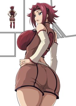 1girl ass blue_eyes breasts code_geass female_focus from_behind hand_on_own_hip hands_on_own_hips highres iwao178 kouzuki_kallen large_breasts legs multiple_views open_mouth red_hair short_hair sideboob source_request thighs white_background