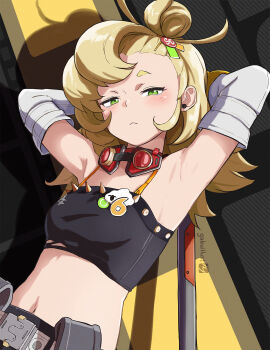 1girl :&lt; armpits arms_up artist_name blonde_hair blush breasts commentary earrings elbow_gloves english_commentary gabuillust gloves goggles goggles_around_neck green_eyes hair_bun highres jewelry long_hair looking_at_viewer midriff mixed-language_commentary narrowed_eyes navel piper_wheel shirt short_eyebrows small_breasts solo torn_clothes torn_shirt zenless_zone_zero