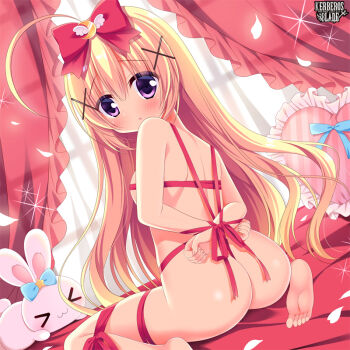 &gt;_&lt; 1girl :3 ahoge animal_ears arms_behind_back barefoot blush bound bound_wrists bow breasts bunny_ear character_request closed_mouth crescent curtains eyes_visible_through_hair feet folded from_behind hair_ornament hair_ribbon huge_ahoge kerberos_blade loli long_hair looking_at_viewer looking_back naked_ribbon parted_lips pillow purple_eyes rabbit red_ribbon ribbon shiny_skin sitting small_breasts soles star_(symbol) toes wariza x_hair_ornament yuyumatsu