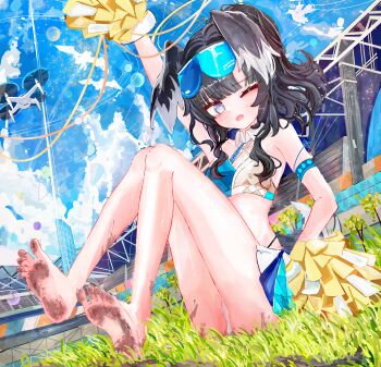 1girl :d ;d a1u absurdres animal_ears arm_up barefoot black_hair blue_archive blue_eyes blue_skirt blue_sports_bra breasts cheerleader dirty dirty_feet dog_ears dog_girl dog_tail drone feet goggles goggles_on_head grass halo hibiki_(blue_archive) hibiki_(cheer_squad)_(blue_archive) highres holding holding_pom_poms knees_up looking_at_viewer millennium_cheerleader_outfit_(blue_archive) miniskirt official_alternate_costume on_ground one_eye_closed open_mouth outdoors panties pom_pom_(cheerleading) pom_poms revision sitting skirt small_breasts smile soles solo sports_bra stadium tail toes underwear white_panties yellow_halo