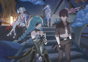 1boy 3girls absurdres black_dress black_jacket black_pants blue_veil braid camellya_(wuthering_waves) commentary commission dress english_commentary grey_eyes grey_hair hair_between_eyes hair_vines halter_dress halterneck hand_up highres jacket low_twin_braids male_rover_(wuthering_waves) multicolored_hair multiple_girls night noir_(noir_reveur) official_alternate_color one_eye_covered pants pantyhose phrolova_(wuthering_waves) rover_(wuthering_waves) second-party_source shorekeeper_(wuthering_waves) short_twintails single_leg_pantyhose sitting skirt streaked_hair twin_braids twintails two-tone_veil veil white_dress white_hair white_pantyhose white_skirt white_veil wuthering_waves yellow_eyes