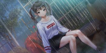 Rule 34 | 1girl, azumi nanaka, bare legs, bench, black hair, black skirt, blue reflection (series), blue reflection sun, brown shoes, closed mouth, collarbone, dutch angle, game cg, grey eyes, highres, jungle gym, kishida mel, long hair, long sleeves, looking at viewer, non-web source, official art, on bench, outdoors, park, park bench, rain, shirt, shoes, sitting, skirt, smile, solo, swept bangs, tree, twintails, unused tire, very long hair, wet, white shirt