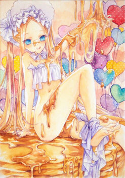 1girl :q abigail_williams_(fate) abigail_williams_(swimsuit_foreigner)_(fate) abigail_williams_(swimsuit_foreigner)_(third_ascension)_(fate) bikini bikini_around_one_leg blonde_hair blue_eyes bonnet bottomless breasts chikinan_tarou fate/grand_order fate_(series) food heart honey long_hair looking_at_viewer painting_(medium) pancake small_breasts smile swimsuit tongue tongue_out traditional_media very_long_hair watercolor_(medium) white_bikini