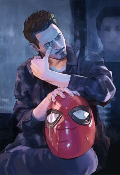 1boy avengers:_endgame avengers_(series) black_eyes black_shirt brown_hair buttons closed_mouth collared_shirt commentary_request couch facial_hair fingernails holding holding_mask holographic_monitor indoors korean_commentary long_sleeves looking_to_the_side male_focus marvel marvel mask on_couch open_clothes open_shirt pants peter_parker puffy_long_sleeves puffy_sleeves purple_pants red_mask redcokk shirt short_hair sitting solo spider-man t-shirt tony_stark window