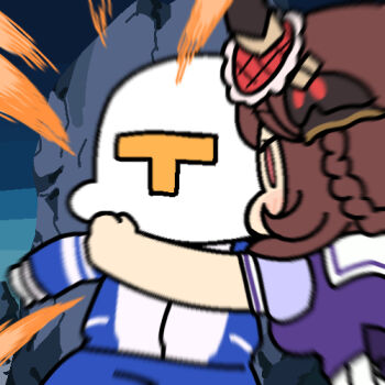 1boy 1girl animal_ears back_bow blue_track_suit bow braid braided_hair_rings broly_(dragon_ball_z) chibi chibi_only commentary dragon_ball dragonball_z earrings gentildonna_(umamusume) hair_rings horse_ears horse_girl jazz_jack jewelry lariat lowres motion_blur outdoors parody red_eyes rock scene_reference short_sleeves t-head_trainer_(umamusume) track_suit trainer_(umamusume) umamusume