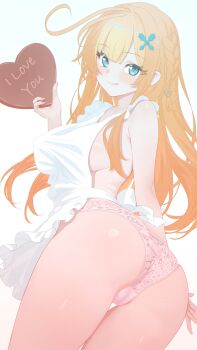 1girl :q absurdres apron ass blonde_hair blue_eyes braid breasts cameltoe chocolate cowboy_shot cowlick english_text escoffier_(genshin_impact) food genshin_impact hair_ornament heart heart_in_eye heart_print heart_print_panties highres holding holding_chocolate holding_food holding_heart large_variant_set long_hair looking_at_viewer looking_back medium_breasts mixed-language_commentary nearly_naked_apron neurotic_neko panties pasties print_panties sideboob solo sparkle sparkling_eyes symbol_in_eye tongue tongue_out underwear variant_set white_apron