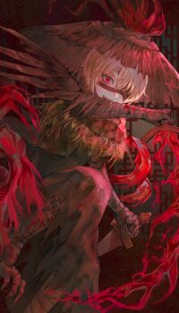 1boy blonde_hair brown_bandages brown_feathers brown_hat brown_tunic brown_wings coma0987 commentary_request feathers fire hair_between_eyes hat heishou_pack-you_branch_(identity)_(project_moon) hemokinesis highres holding holding_sword holding_weapon korean_commentary lattice limbus_company looking_at_viewer open_mouth project_moon red_eyes sinclair_(project_moon) smile solo sword talons tunic weapon wings