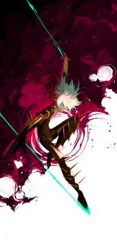 1boy armor blue_eyes cape chest_jewel collar eyeshadow eyeshadow_under_eye fate/grand_order fate_(series) gloves highres jun_canopus karna_(fate) kavacha_(fate) makeup male_focus pale_skin red_cape red_eyeshadow short_hair solo spiked_collar spikes white_hair