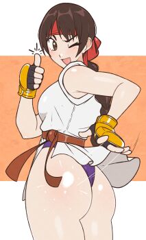 1girl absurdres ass black_gloves braid braided_ponytail brown_eyes brown_hair brown_sash commentary english_commentary fingerless_gloves gloves headband highres jeff_miga long_hair one_eye_closed open_mouth panties purple_panties red_headband shirt sleeveless sleeveless_shirt smile solo spanking_self the_king_of_fighters thumbs_up underwear white_shirt yuri_sakazaki