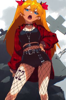 1girl aetherion angry arms_at_sides belt black_belt black_choker black_nails black_shirt black_shorts blue_eyes bow breasts choker cleavage cloud cloudy_sky collarbone commentary contrapposto crop_top cross cutoffs day debris ear_piercing earrings english_commentary feet_out_of_frame fishnet_armwear fishnet_pantyhose fishnets furrowed_brow goth_fashion hair_between_eyes hair_bow hand_on_own_hip highres jewelry leg_tattoo lips long_hair long_legs long_sleeves looking_at_viewer medium_breasts midriff necklace neon_genesis_evangelion open_clothes open_mouth open_shirt orange_hair outdoors overcast oversized_clothes oversized_shirt pantyhose pendant_choker piercing plaid_clothes plaid_shirt please_hurt_me red_bow red_shirt rosary round_teeth shirt short_shorts shorts sidelocks sky solo souryuu_asuka_langley straight_hair stud_earrings tattoo teeth two_side_up upper_teeth_only v-shaped_eyebrows very_long_hair