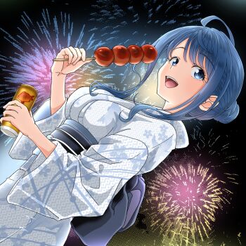1girl aerial_fireworks blue_eyes blue_hair blue_kimono can candy_apple commentary_request fireworks floral_print food hair_bun holding holding_can holding_candy_apple holding_food japanese_clothes kimono make_heroine_ga_oo_sugiru! medium_hair night obi open_mouth print_kimono ruri_(ruri_) sash single_hair_bun smile solo teeth upper_teeth_only yanami_anna