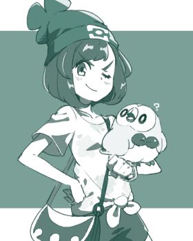 1girl ? bag blush closed_mouth commentary_request eyelashes gen_7_pokemon hand_on_own_hip handbag hat monochrome nintendo one_eye_closed open_mouth piku_(another_pikuru) pokemon pokemon_(creature) pokemon_on_arm pokemon_sm rowlet selene_(pokemon) shirt short_hair short_sleeves simple_background smile v-shaped_eyebrows