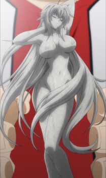 1girl ahoge anime_screenshot armpits arms_up breasts closed_eyes collarbone completely_nude convenient_censoring figure groin high_school_dxd highres large_breasts long_hair navel nipples nude rias_gremory statue stitched stomach thighs third-party_edit very_long_hair
