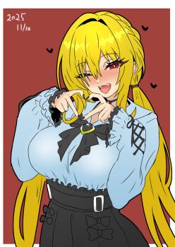 1girl :d ;d black_nails black_ribbon black_skirt blonde_hair blue_shirt border breasts bright_pupils commentary_request dated fangs fingernails four-finger_heart_hands frilled_sleeves frills heart heart_hands highres hiroshi_(01kanata) idolmaster idolmaster_cinderella_girls kurosaki_chitose large_breasts long_hair long_sleeves looking_at_viewer nail_polish neck_ribbon one_eye_closed open_mouth red_background red_eyes ribbon shirt shirt_tucked_in simple_background skirt smile solo twintails very_long_hair white_border white_pupils