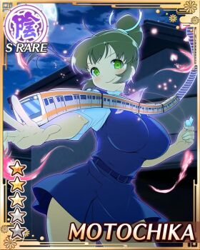 1girl belt blue_dress border breasts brown_hair card_(medium) dress full_moon game_cg green_eyes hair_tie high_ponytail large_breasts long_hair moon motochika_(senran_kagura) neckerchief non-web_source official_alternate_costume official_art open_mouth outstretched_arm pink_neckerchief ponytail ribbon school_uniform senran_kagura senran_kagura_new_wave shirt smile solo train whistle whistle_around_neck white_ribbon white_shirt