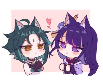 1boy 1girl animal_ear_fluff animal_ears bare_shoulders black_gloves blunt_bangs braid bridal_gauntlets cat_ears chibi chibi_only chinese_clothes closed_mouth clothing_cutout commentary english_commentary bad_tag genshin_impact gloves green_hair hair_ornament heart highres japanese_clothes jewelry kimono leyalee2 light_blush long_braid long_hair looking_down multicolored_eyes multicolored_hair neck_ribbon necklace no_mole off_shoulder orange_eyes parted_bangs pink_background pink_kimono purple_eyes purple_hair raiden_shogun red_ribbon ribbon short_hair shoulder_cutout single_braid sleeveless upper_body xiao_(genshin_impact)