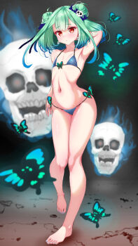 1girl armpits barefoot bikini blue_bikini breasts bug butterfly butterfly_ornament commentary_request double_bun full_body gradient_hair green_hair hair_bun hair_ornament highres hololive insect kimowota_imo looking_at_viewer medium_hair multicolored_hair navel red_eyes skull skull_hair_ornament small_breasts swimsuit uruha_rushia virtual_youtuber