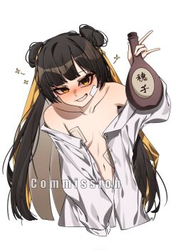 1girl black_survival blush bottle brown_hair buttons collared_shirt commentary_request double_bun eternal_return:_black_survival grin hair_bun highres holding holding_bottle korean_commentary li_dailin long_hair long_sleeves looking_at_viewer naked_shirt ribbon shirt simple_background smile solo suillus very_long_hair white_background yellow_eyes yellow_ribbon