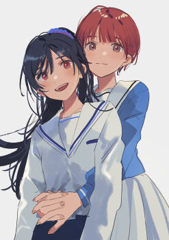 2girls black_hair blue_shirt brown_eyes closed_mouth commentary_request fly_(marguerite) highres hug hug_from_behind interlocked_fingers long_hair long_sleeves multiple_girls official_art open_mouth original red_eyes red_hair sailor_collar school_uniform serafuku shirt short_hair simple_background teeth upper_teeth_only white_background white_sailor_collar white_shirt yuri