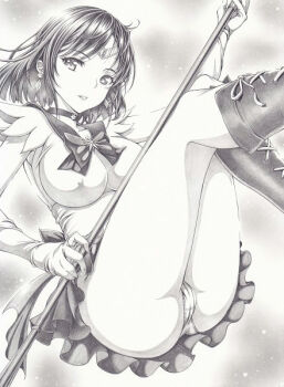 1girl ass bishoujo_senshi_sailor_moon boots breasts covered_erect_nipples elbow_gloves gloves graphite_(medium) greyscale looking_at_viewer mikuro monochrome panties pantyshot sailor_saturn short_hair silence_glaive solo tomoe_hotaru traditional_media underwear