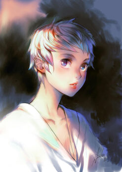 Rule 34 | 1girl, absurdres, black background, blue eyes, collarbone, commentary, english commentary, expressionless, highres, lipstick, long sleeves, makeup, making-of available, original, parted lips, patipat asavasena, pink lips, pixie cut, procreate (medium), shirt, short hair, signature, solo, teeth, thick eyebrows, upper body, v-neck, white hair, white shirt