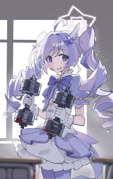 1girl absurdres blood blood_on_face blood_on_tool blue_archive bow chinese_commentary commentary cropped_jacket double_dumbbell_pose_(han-0v0) drill_hair dumbbell gloves halo highres holding holding_dumbbell jacket kaminari_(edeath) long_hair multicolored_hair official_alternate_costume official_alternate_hairstyle open_mouth pantyhose purple_bow purple_eyes purple_hair purple_halo purple_jacket purple_pantyhose purple_skirt reisa_(blue_archive) reisa_(magical)_(blue_archive) shirt short_sleeves skirt solo striped_clothes striped_pantyhose twin_drills two-tone_hair white_gloves white_shirt