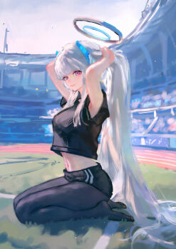 1girl absurdly_long_hair absurdres alternate_costume alternate_hairstyle armpits arms_behind_head black_buruma black_pantyhose black_shirt blue_archive buruma closed_mouth commentary grey_hair halo highres hjwhuhu long_hair multicolored_halo navel no_shoes noa_(blue_archive) outdoors pantyhose purple_eyes seiza shirt sitting smile soles solo stadium stomach two-tone_halo tying_hair very_long_hair white_halo