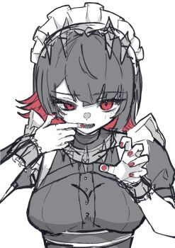 1girl black_hair blush breasts claw_pose colored_inner_hair commentary_request czc9q2 ellen_joe finger_in_own_mouth frilled_wristband hairband half-closed_eye highres large_breasts looking_at_viewer maid_headdress metal_hairband mole mole_under_eye multicolored_hair open_mouth red_eyes red_nails shark_girl sharp_teeth short_hair simple_background sketch solo spiked_headband teeth upper_body white_background zenless_zone_zero