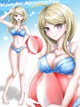 1girl ahoge akamatsu_kaede ball bare_shoulders barefoot beachball bikini blue_bikini breasts character_name cleavage collarbone danganronpa_(series) danganronpa_v3:_killing_harmony fortissimo hair_ornament highres large_breasts long_hair looking_at_viewer moon_(moon0771110) multiple_views musical_note musical_note_hair_ornament navel pigeon-toed pink_eyes smile solo swimsuit