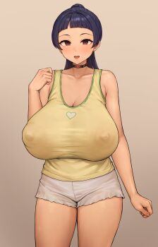 1girl bad_tag bare_shoulders black_choker blue_hair blunt_bangs blush breasts brown_background brown_eyes choker cleavage collarbone covered_erect_nipples cowboy_shot gradient_background hand_up heart heart_choker huge_breasts kono_(yuri_kotone_ero) long_hair looking_at_viewer open_mouth ponytail purple_eyes shirt short_shorts shorts simple_background sleeveless smile solo standing takenoko_no_you tank_top thighs white_shorts yellow_tank_top