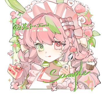 1girl artist_name bow braid cake cake_slice collarbone commission cupcake dessert drill_hair eyelashes fingernails flower food fruit green_eyes hair_ornament headdress heterochromia highres holding holding_spoon leaf long_hair looking_at_viewer mihuashi_commission multicolored_hair nail_polish original peach pink_bow pink_eyes pink_flower pink_hair pink_headdress pink_nails portrait sample_watermark solo sparkle spoon square streaked_hair tongue tongue_out tuni_(weibo_5659389536) watermark