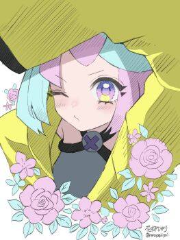 1girl arm_up artist_name blue_hair blush bow-shaped_hair closed_mouth criss-cross_halter derivative_work flower halter_shirt halterneck hanayagi_hiyori highres iono_(pokemon) jacket long_hair multicolored_hair nintendo one_eye_closed oversized_clothes pink_hair pokemon pokemon_sv sleeves_past_fingers sleeves_past_wrists solo split-color_hair wavy_mouth x_(symbol) yellow_jacket