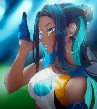 Rule 34 | 1girl, aqua eyes, armlet, bare shoulders, black hair, blue eyeshadow, blue gloves, blue hair, blurry, blurry background, blush, collarbone, commentary, crop top, dark-skinned female, dark skin, earrings, eyeshadow, floating hair, from side, gloves, gold earrings, grin, hair ornament, half gloves, hand up, hoop earrings, jewelry, kangshi, light particles, long hair, looking to the side, makeup, multicolored hair, nessa (pokemon), nintendo, pokemon, pokemon swsh, portrait, shirt, single glove, single half glove, sleeveless, sleeveless shirt, smile, solo, sportswear, thick eyelashes