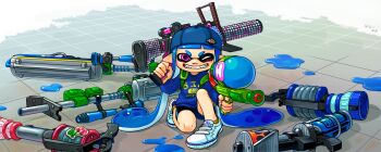 .96_gal_(splatoon) 1girl absurdly_long_hair aiming aiming_at_viewer backwards_hat baseball_cap bike_shorts black_shorts blue_hair blue_hat blue_hoodie commentary_request e-liter_3k_(splatoon) fangs full_body grin hanako515_ika hat highres holding holding_weapon hood hood_down hoodie inkling inkling_girl inkling_player_character l-3_nozzlenose_(splatoon) long_hair long_sleeves nintendo on_one_knee one_eye_closed paint_splatter pink_eyes pointy_ears print_hoodie range_blaster_(splatoon) shorts smile solo splatoon_(series) splattershot_(splatoon) tentacle_hair twintails v-shaped_eyebrows very_long_hair weapon white_footwear