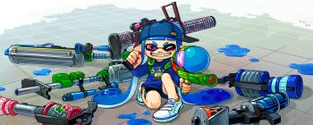 Rule 34 | .96 gal (splatoon), 1girl, absurdly long hair, aiming, aiming at viewer, backwards hat, baseball cap, bike shorts, black shorts, blue hair, blue hat, blue hoodie, commentary request, e-liter 3k (splatoon), fangs, full body, grin, hanako515 ika, hat, highres, holding, holding weapon, hood, hood down, hoodie, inkling, inkling girl, inkling player character, l-3 nozzlenose (splatoon), long hair, long sleeves, nintendo, on one knee, one eye closed, paint splatter, pink eyes, pointy ears, print hoodie, range blaster (splatoon), shorts, smile, solo, splatoon (series), splattershot (splatoon), tentacle hair, twintails, v-shaped eyebrows, very long hair, weapon, white footwear