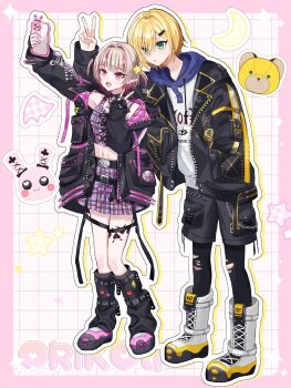 1boy 1girl arm_belt arm_up belt belt_buckle black_belt black_collar black_jacket black_leg_warmers black_leggings black_shorts black_straps blonde_hair blue_hood blunt_bangs blush boots border buckle cellphone chain chain_necklace clothes_writing collar collarbone colored_inner_hair crescent crop_top cross-laced_clothes cross-laced_top debitto_(makaino_ririmu) drawstring earclip fang fingerless_gloves flame_print food_print fruit_print full_body gloves green_eyes grey_hair grid_background hair_intakes hair_ornament hair_over_one_eye hairclip hand_in_pocket heart heart_print highres holding holding_phone hood hood_down hoodie jacket jewelry lace-up_boots lapels leg_belt leg_tattoo leg_warmers leggings lightning_bolt_print looking_at_phone loose_belt makaino_ririmu makaino_ririmu_(6th_costume) midriff miniskirt multicolored_hair multicolored_hair_bobbles multiple_belts navel necklace nijisanji no_headwear notched_lapels o-ring o-ring_collar o-ring_thigh_strap open_belt open_clothes open_jacket open_mouth outline outside_border parted_lips pendant peroa1205 phone pink_belt pink_border pink_hair pink_jacket pink_shoes pink_skirt pink_streaks plaid_clothes plaid_skirt pleated_skirt pocket pointy_ears print_hoodie red_eyes selfie shoelaces shoes short_hair shorts skin_fang skirt sleeves_past_wrists smartphone smile sparkle spiked_collar spikes standing star_(symbol) star_hair_ornament strawberry_print streaked_hair stuffed_animal stuffed_toy tattoo teddy_bear thigh_strap torn_clothes torn_leggings two-sided_fabric two-sided_jacket two-tone_hair two_side_up unbuttoned unzipped uzuki_kou uzuki_kou_(5th_costume) v virtual_youtuber wallet_chain white_background white_boots white_hoodie white_outline winged_heart winged_heart_tattoo wolf_cut yellow_belt yellow_trim zipper zipper_top